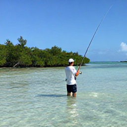 Caribbean Holidays, Bahamas July Fishing, An angler wading through shallow crystal-clear flats near a Bahamian mangrove island while casting for bonefish