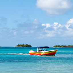 Caribbean Holidays, Bahamas July Tours, A colourful boat travelling across calm turquoise water near Nassau, Bahamas, with sunny skies and small tropical islands in the distance