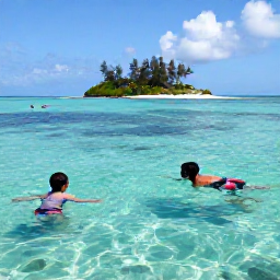 Caribbean Holidays, Bahamas July Tours, A family snorkelling in clear shallow water beside a small tropical island in The Bahamas, with colourful fish visible below the surface
