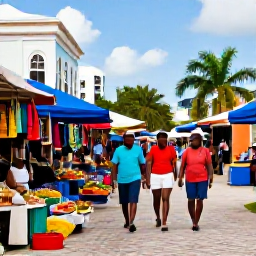 Caribbean Holidays, Bahamas July Tours, Visitors walking through a colourful Bahamian market in Nassau, with local crafts, tropical produce and historic buildings nearby