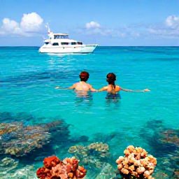 Caribbean Holidays, Bahamas Luxury December, Couple snorkelling in clear turquoise Bahamian water near a coral reef, sunny December day and luxury boat nearby