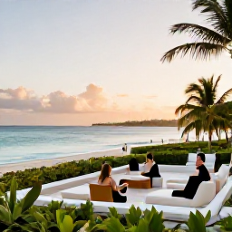 Caribbean Holidays, Bahamas Luxury December, Elegant luxury hotel terrace overlooking a calm Bahamian beach, tropical gardens and guests enjoying a relaxed December afternoon