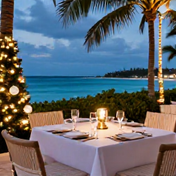Caribbean Holidays, Bahamas Luxury December, Festive luxury dinner beside the sea in the Bahamas, tasteful Christmas decorations, palm trees and warm evening light