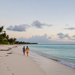 Caribbean Holidays, Bahamas Luxury December, Luxury Bahamas beach at dawn with calm turquoise water, white sand and a couple walking along the shoreline