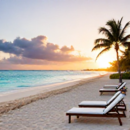 Caribbean Holidays, Bahamas Luxury December, Luxury beachfront resort in the Bahamas at sunset during December, turquoise sea, white sand and elegant loungers