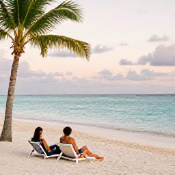 Caribbean Holidays, Bahamas Luxury Holidays, A couple relaxing on a quiet white-sand beach in The Bahamas, with turquoise sea, palm trees and soft evening light