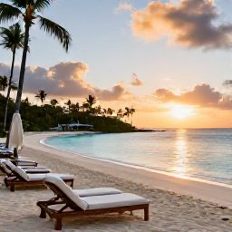 Caribbean Holidays, Bahamas Luxury Holidays, A luxurious beachfront resort in The Bahamas at sunset, with calm turquoise water, white sand and elegant loungers