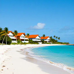 Caribbean Holidays, Bahamas Luxury Holidays, A luxurious beachfront resort in the Bahamas during August, with turquoise water, white sand and gently swaying palm trees