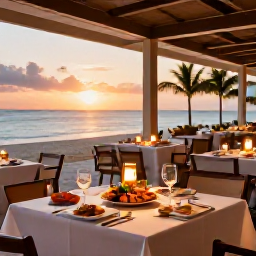 Caribbean Holidays, Bahamas Luxury Holidays, A refined beachfront restaurant in the Bahamas at sunset, with fresh seafood, elegant table settings and warm evening light