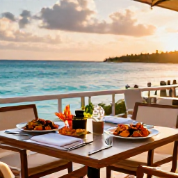 Caribbean Holidays, Bahamas Luxury Holidays, An elegant outdoor table at a Bahamian restaurant overlooking the sea, serving fresh seafood at golden hour