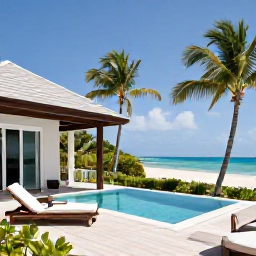 Caribbean Holidays, Bahamas Luxury Holidays, An elegant private villa beside a quiet Bahamian beach, featuring a pool, shaded terrace and swaying palm trees