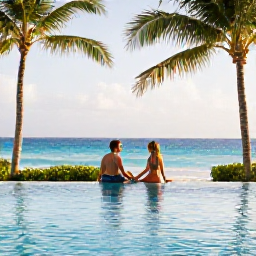 Caribbean Holidays, Bahamas Luxury Holidays, Couple relaxing beside an infinity pool at a luxury Bahamas resort, palm trees, ocean view and February sunshine