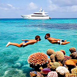 Caribbean Holidays, Bahamas Luxury Holidays, Couple snorkelling above colourful coral reef in The Bahamas, bright clear water, tropical fish and a luxury boat nearby