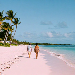 Caribbean Holidays, Bahamas Luxury Holidays, Couple walking along a quiet pink-tinged beach in the Bahamas during a warm April afternoon, palm trees and calm turquoise sea
