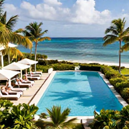 Caribbean Holidays, Bahamas Luxury Holidays, Elegant Bahamas resort pool overlooking a calm blue ocean, tropical gardens, private cabanas and guests relaxing in November sunshine