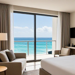 Caribbean Holidays, Bahamas Luxury Holidays, Elegant Bahamas resort suite with ocean-view balcony, modern furnishings, soft neutral colours and sparkling sea beyond
