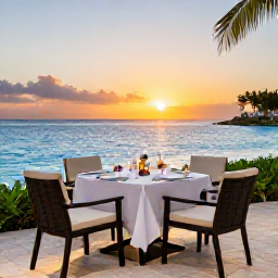 Caribbean Holidays, Bahamas Luxury Holidays, Elegant Bahamian resort terrace overlooking a calm blue sea at sunset, table set for a sophisticated dinner