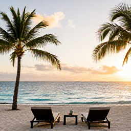 Caribbean Holidays, Bahamas Luxury Holidays, Elegant beachfront resort in the Bahamas at sunset in October, with calm turquoise water, palm trees and stylish loungers