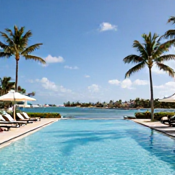 Caribbean Holidays, Bahamas Luxury Holidays, Elegant luxury hotel pool overlooking a calm Bahamian lagoon, with sun loungers, palm trees and a clear blue sky