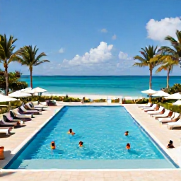 Caribbean Holidays, Bahamas Luxury Holidays, Elegant luxury resort pool overlooking the Caribbean Sea in Nassau, The Bahamas, with palm trees and guests relaxing