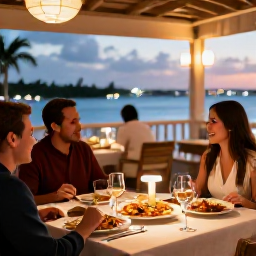 Caribbean Holidays, Bahamas Luxury Holidays, Elegant waterfront restaurant in Nassau, The Bahamas, fresh seafood dinner, warm evening light and relaxed luxury atmosphere