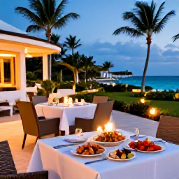 Caribbean Holidays, Bahamas Luxury Holidays, Fine dining terrace at a luxury Bahamian resort, fresh seafood dinner, candlelight, tropical garden and evening sky