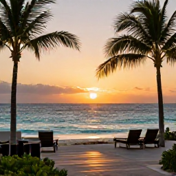 Caribbean Holidays, Bahamas Luxury Holidays, Golden sunset over a peaceful Bahamian beach, with a luxury resort terrace, palm silhouettes and calm turquoise sea