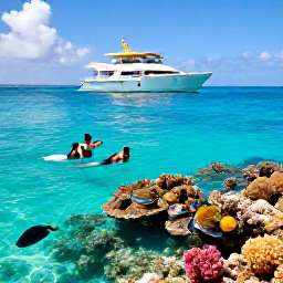 Caribbean Holidays, Bahamas Luxury Holidays, Guests snorkelling over a colourful coral reef in clear Bahamian water, with tropical fish and a luxury boat nearby