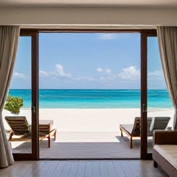 Caribbean Holidays, Bahamas Luxury Holidays, Luxury Bahamas resort suite with open doors onto a private terrace overlooking a white sand beach and turquoise Caribbean sea