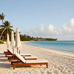 Caribbean Holidays, Bahamas Luxury Holidays, Luxury beachfront resort in the Bahamas in April, clear turquoise water, white sand, elegant sun loungers and gentle morning light
