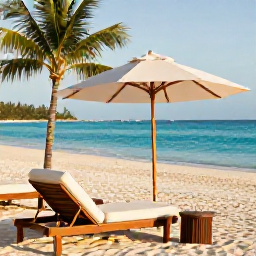 Caribbean Holidays, Bahamas Luxury Holidays, Luxury beachfront resort in The Bahamas in November, clear turquoise sea, white sand beach, elegant sun loungers and warm afternoon light