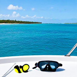 Caribbean Holidays, Bahamas Luxury Holidays, Luxury yacht cruising past small islands in The Bahamas, clear blue water, sunny February sky and snorkelling equipment on deck