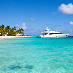Caribbean Holidays, Bahamas Luxury Holidays, Luxury yacht cruising through clear turquoise waters near the islands of The Bahamas, sunny June afternoon, snorkellers and palm-fringed shore