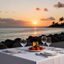 Caribbean Holidays, Bahamas Luxury Holidays, Refined outdoor dinner at a Bahamas waterfront restaurant at sunset, fresh seafood, linen table setting and glowing sky