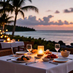 Caribbean Holidays, Bahamas Luxury Holidays, Romantic seaside restaurant in The Bahamas at sunset, beautifully set table, fresh seafood and softly lit luxury resort