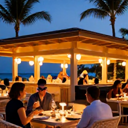 Caribbean Holidays, Bahamas Luxury Holidays, Sophisticated Nassau evening scene with a stylish restaurant, warm lights, palm trees and visitors enjoying Bahamian dining