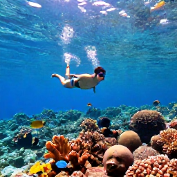 Caribbean Holidays, Bahamas Luxury Holidays, Visitors snorkelling above a colourful coral reef in clear Bahamian water with tropical fish and sunlight filtering below