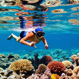 Caribbean Holidays, Bahamas Luxury Holidays, Visitors snorkelling over a colourful coral reef in clear Bahamian water, with tropical fish and a sunny surface above