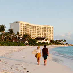 Caribbean Holidays, Bahamas Luxury July, Couple walking along a quiet white-sand beach in The Bahamas at sunrise, with luxury hotel in the background