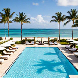 Caribbean Holidays, Bahamas Luxury July, Elegant Bahamian resort pool in July sunshine, with palm trees, private cabanas and guests relaxing beside clear blue water