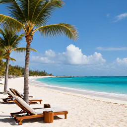 Caribbean Holidays, Bahamas Luxury July, Luxury beachfront resort in The Bahamas during July, with turquoise sea, white sand, palm trees and elegant sun loungers