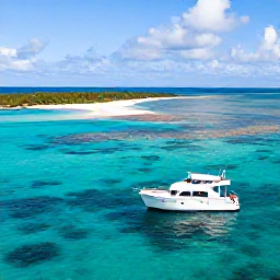 Caribbean Holidays, Bahamas Luxury July, Private boat cruising through the clear turquoise waters of The Bahamas in July, near secluded beaches and colourful coral reefs