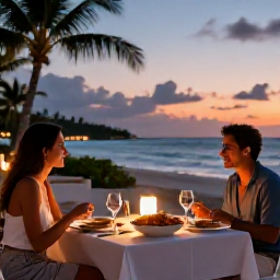 Caribbean Holidays, Bahamas Luxury July, Sunset dining at an elegant beachfront restaurant in The Bahamas, with fresh seafood, soft lighting and tropical evening sky