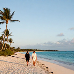 Caribbean Holidays, Bahamas Luxury March, Couple walking along a deserted white sand beach in the Bahamas at golden hour, calm turquoise water and palm trees