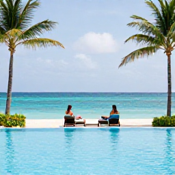 Caribbean Holidays, Bahamas Luxury March, Elegant Bahamas resort pool overlooking a calm turquoise lagoon, palm trees, sun loungers and a couple enjoying a quiet March afternoon