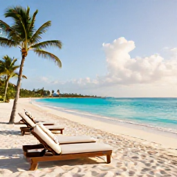 Caribbean Holidays, Bahamas Luxury March, Luxury beachfront resort in the Bahamas at sunrise, clear turquoise sea, white sand beach, elegant loungers and tropical palms