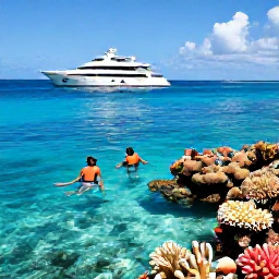 Caribbean Holidays, Bahamas Luxury March, Luxury boat cruising through the Bahamas, snorkellers above a colourful coral reef and bright blue shallow sea under a sunny sky