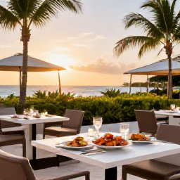 Caribbean Holidays, Bahamas Luxury March, Refined outdoor restaurant in Nassau, Bahamas, serving fresh seafood at sunset with elegant tables and tropical greenery