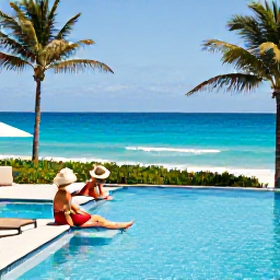 Caribbean Holidays, Bahamas March Holidays, A couple relaxing beside a palm-fringed swimming pool at an all-inclusive Bahamian resort, with the ocean beyond