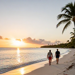 Caribbean Holidays, Bahamas March Holidays, A couple walking along a peaceful white sand beach in The Bahamas at sunset, with calm water and palm trees